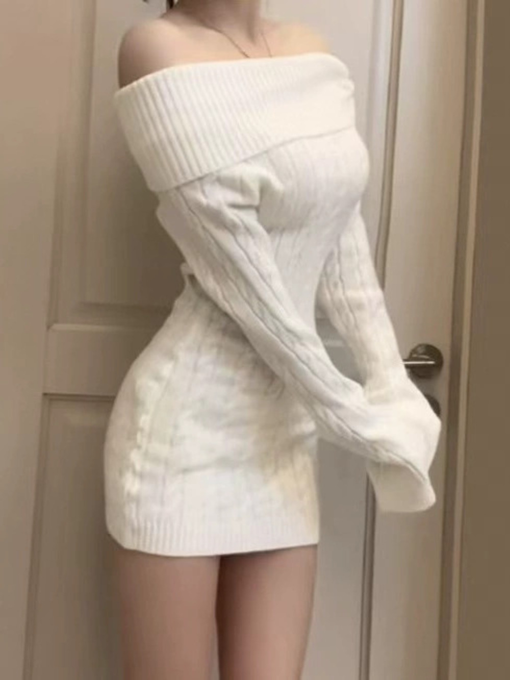 ZARA Womens Off Shoulder French Knit Dress Fall Winter Korean Style Bodycon